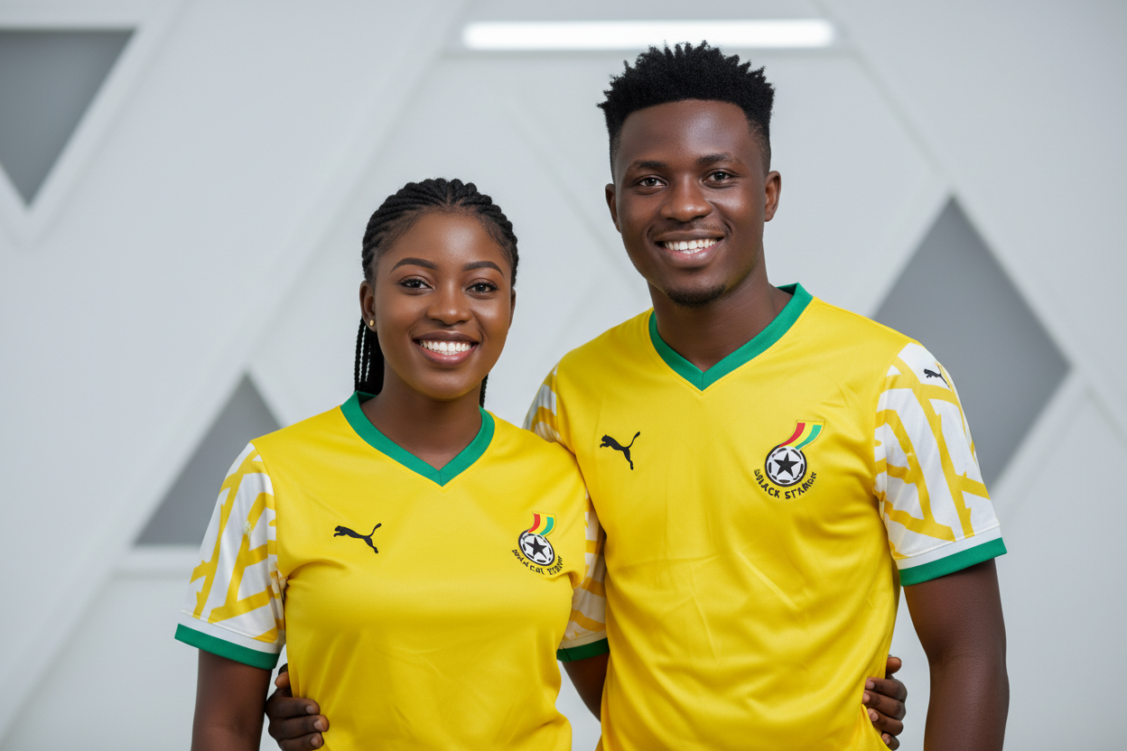 create a beautiful looking Ghanaian young man and a lady wearing the current Ghana Black stars jerseys yellow and white